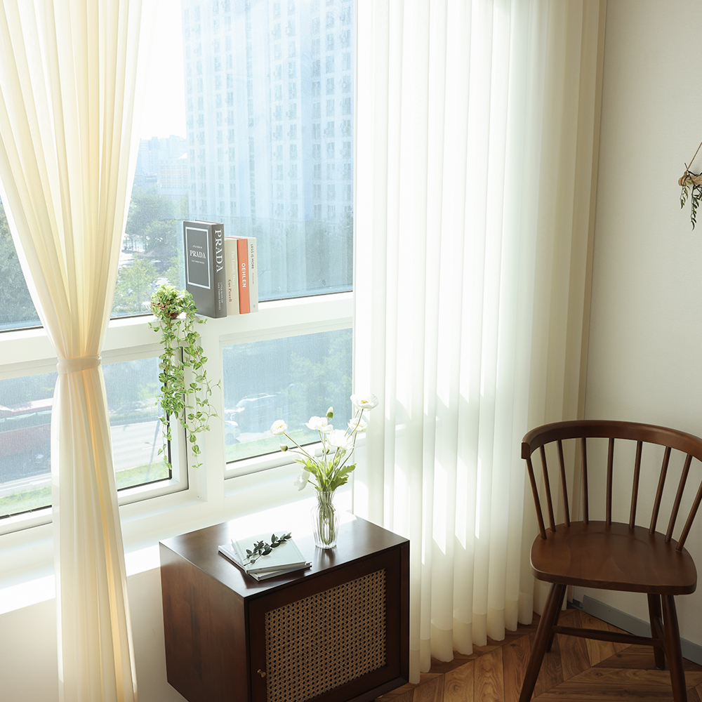 소르르 비침없는 하늘하늘 화이트 이음선없는 나비주름 호텔식 쉬폰커튼 맞춤제작 120x265