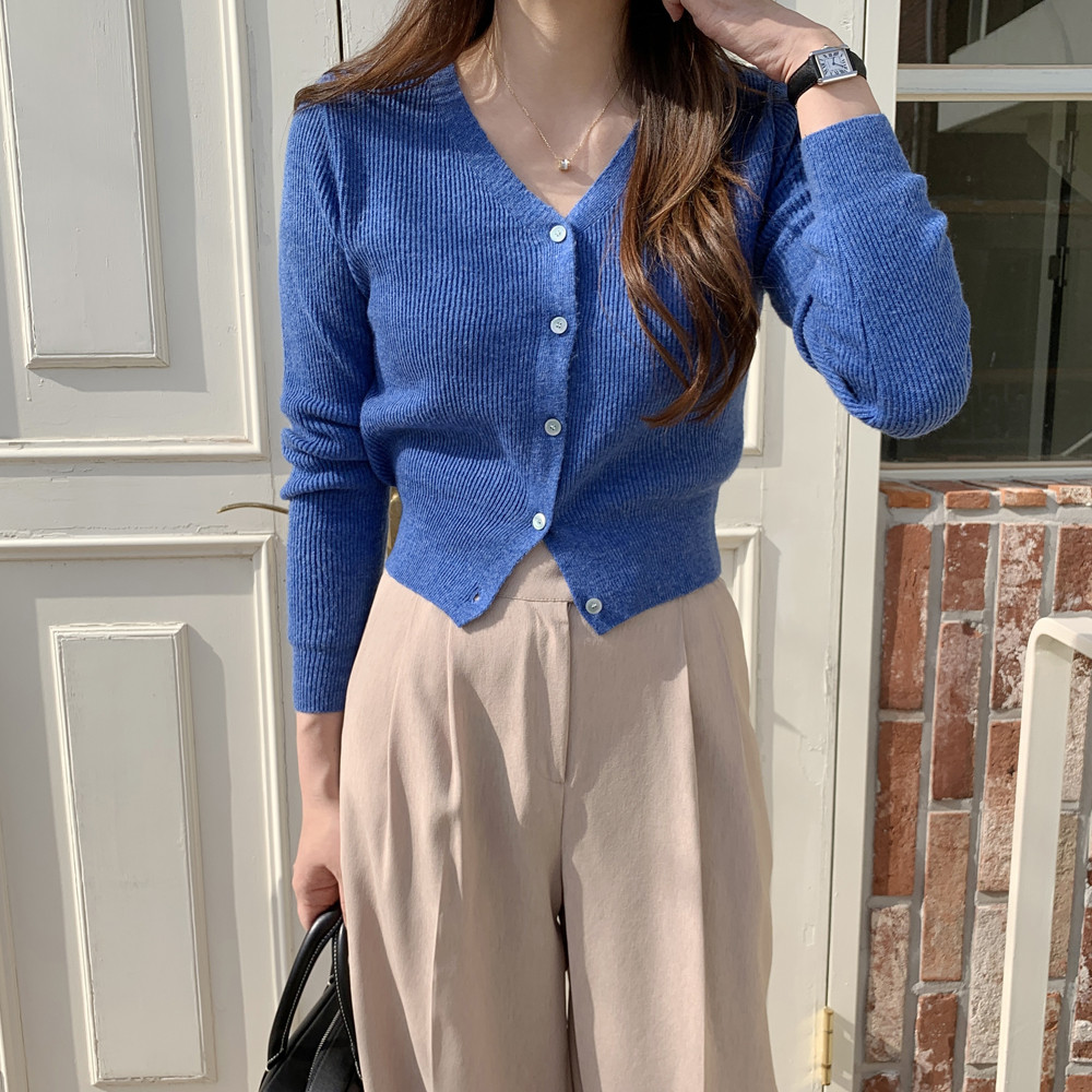 부드러운 루즈핏 골지 크롭 가디건 숏 브이넥 여자 가디건 봄 여성 니트 가디건