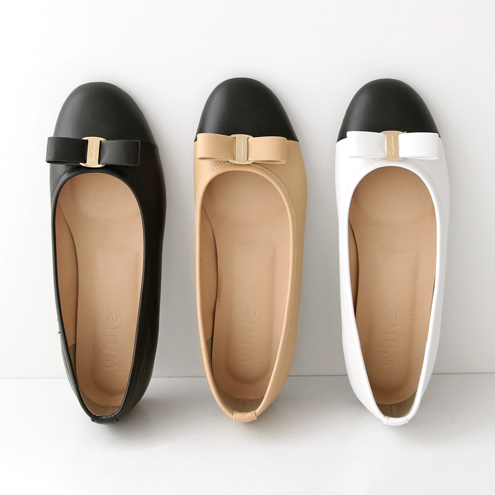 소가죽 발편한플랫 투톤 배색 둥근코 여성 리본플랫슈즈