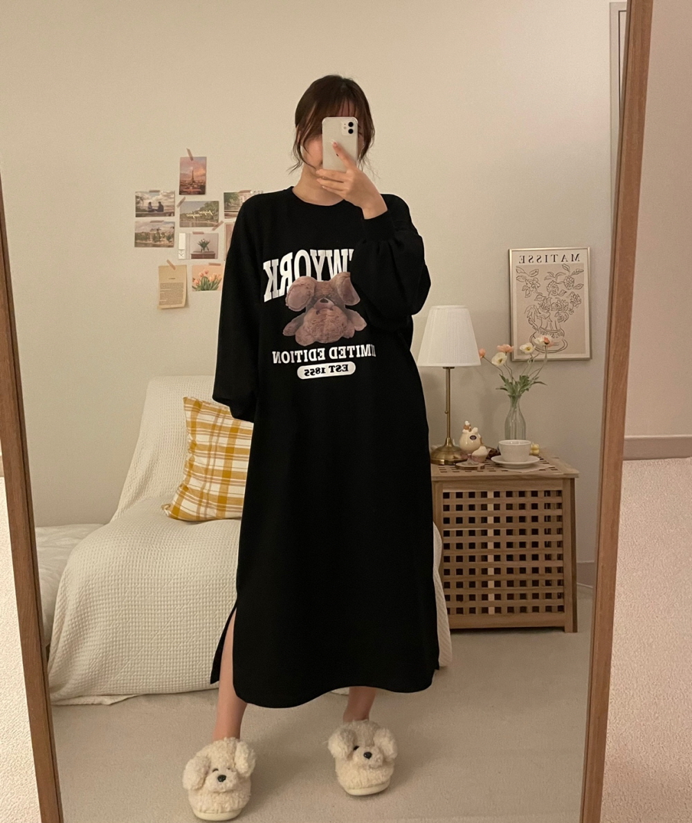 거꾸로 테디 원피스 긴팔 루즈핏 실내 롱 원피스 이미지 3