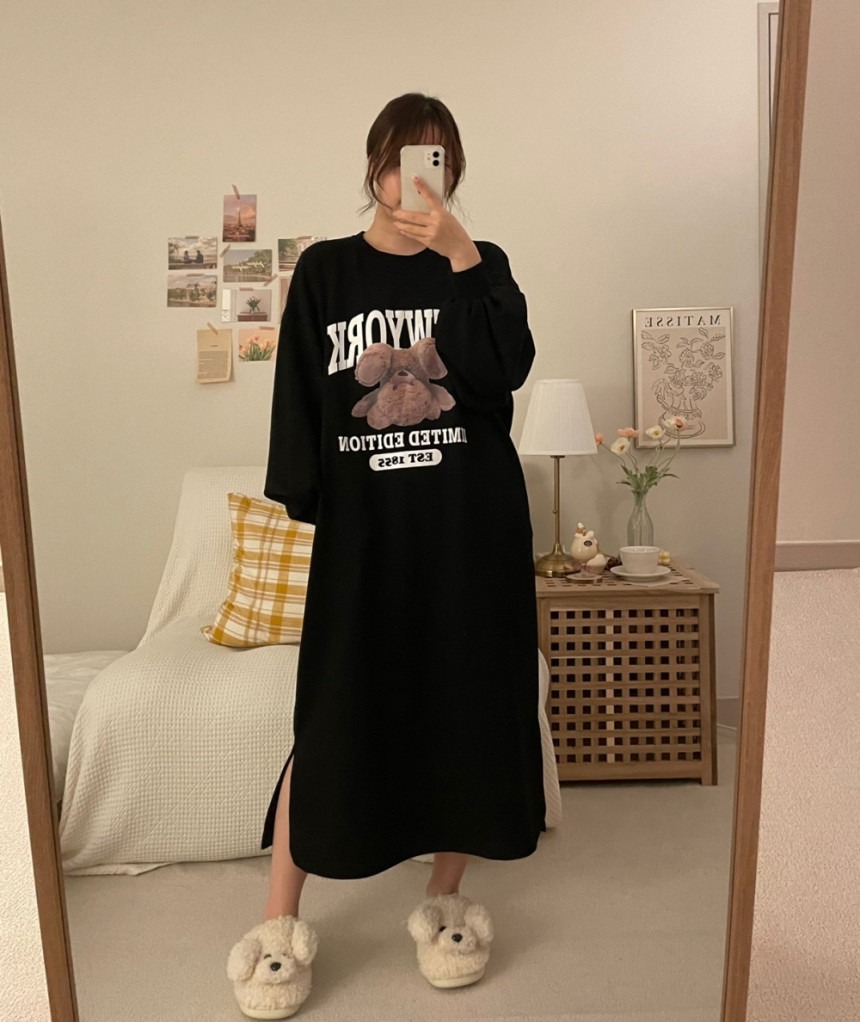 [파토리] 거꾸로 테디 원피스 긴팔 루즈핏 실내 롱 원피스
