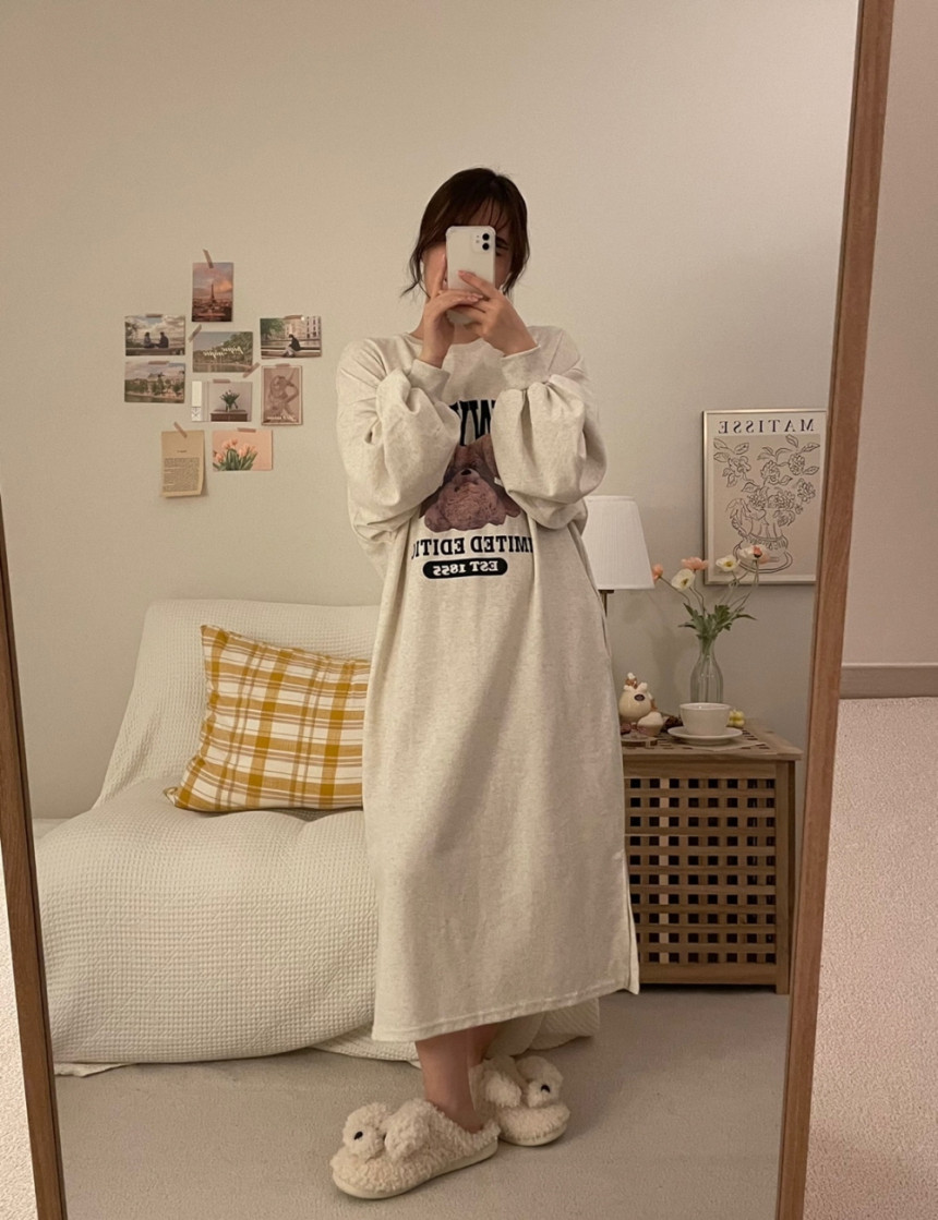 [파토리] 거꾸로 테디 원피스 긴팔 루즈핏 실내 롱 원피스