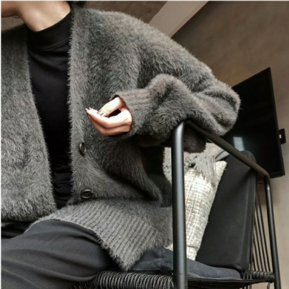 오버핏 모헤어 그레이 퍼가디건 빅사이즈 루즈핏 두꺼운 겨울 회색 털가디건 포니크랑 이미지 2