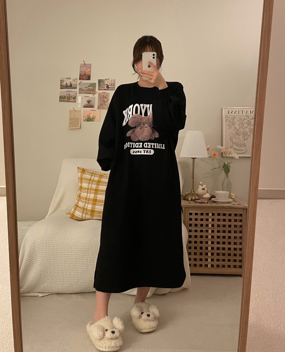 거꾸로 테디 원피스 긴팔 루즈핏 실내 롱 원피스 이미지 2