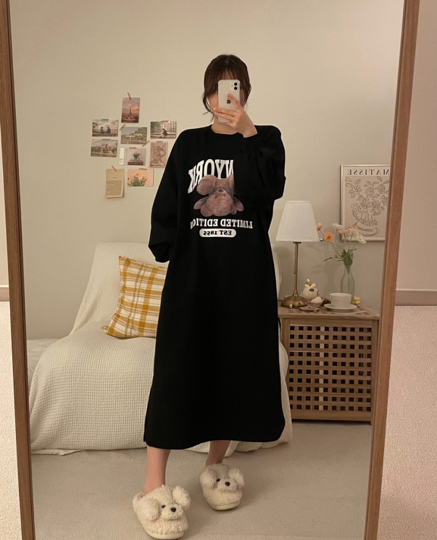 [파토리] 거꾸로 테디 원피스 긴팔 루즈핏 실내 롱 원피스