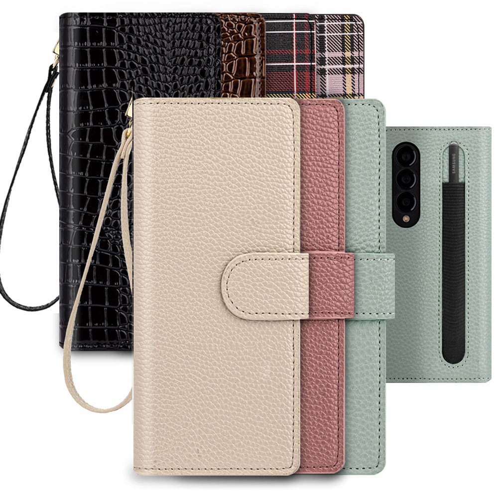 갤럭시 Z폴드4 가죽 지갑형 다이어리 S펜 수납 스트랩 케이스 - 상품 이미지