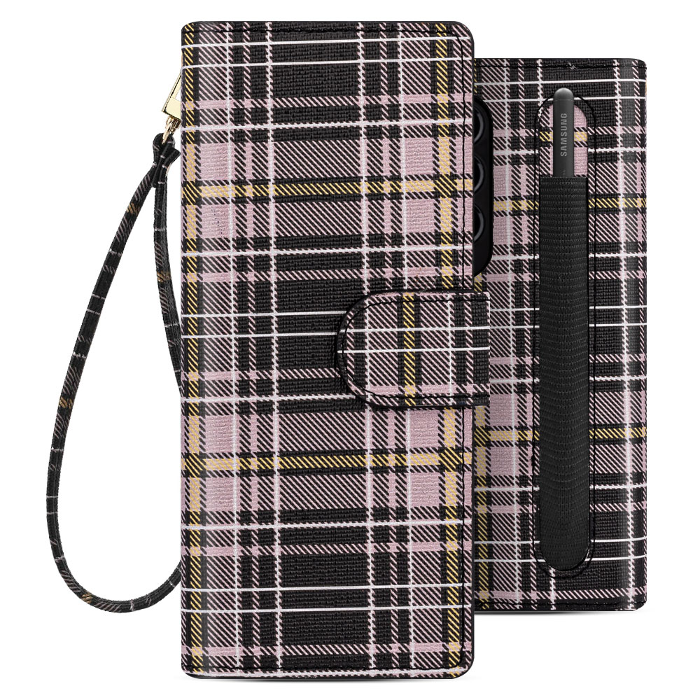 갤럭시 Z폴드4 타르탄 지갑형 스트랩 S펜 수납 다이어리 핑크 - 상품 이미지