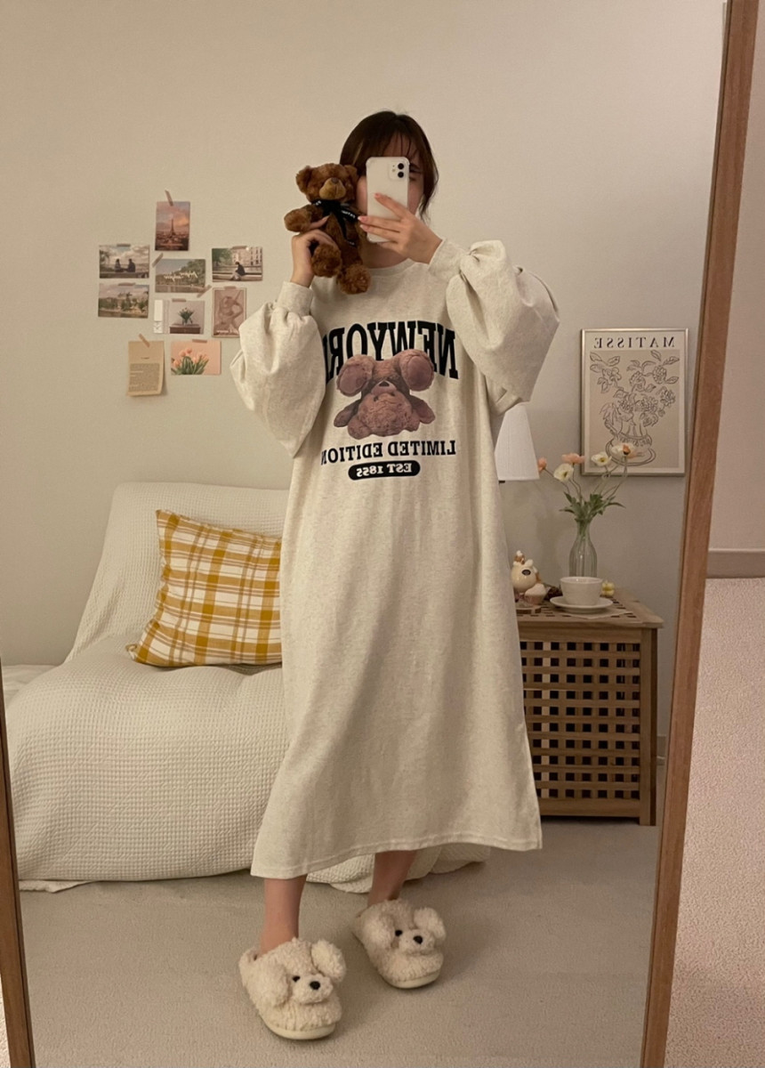 [파토리] 거꾸로 테디 원피스 긴팔 루즈핏 실내 롱 원피스