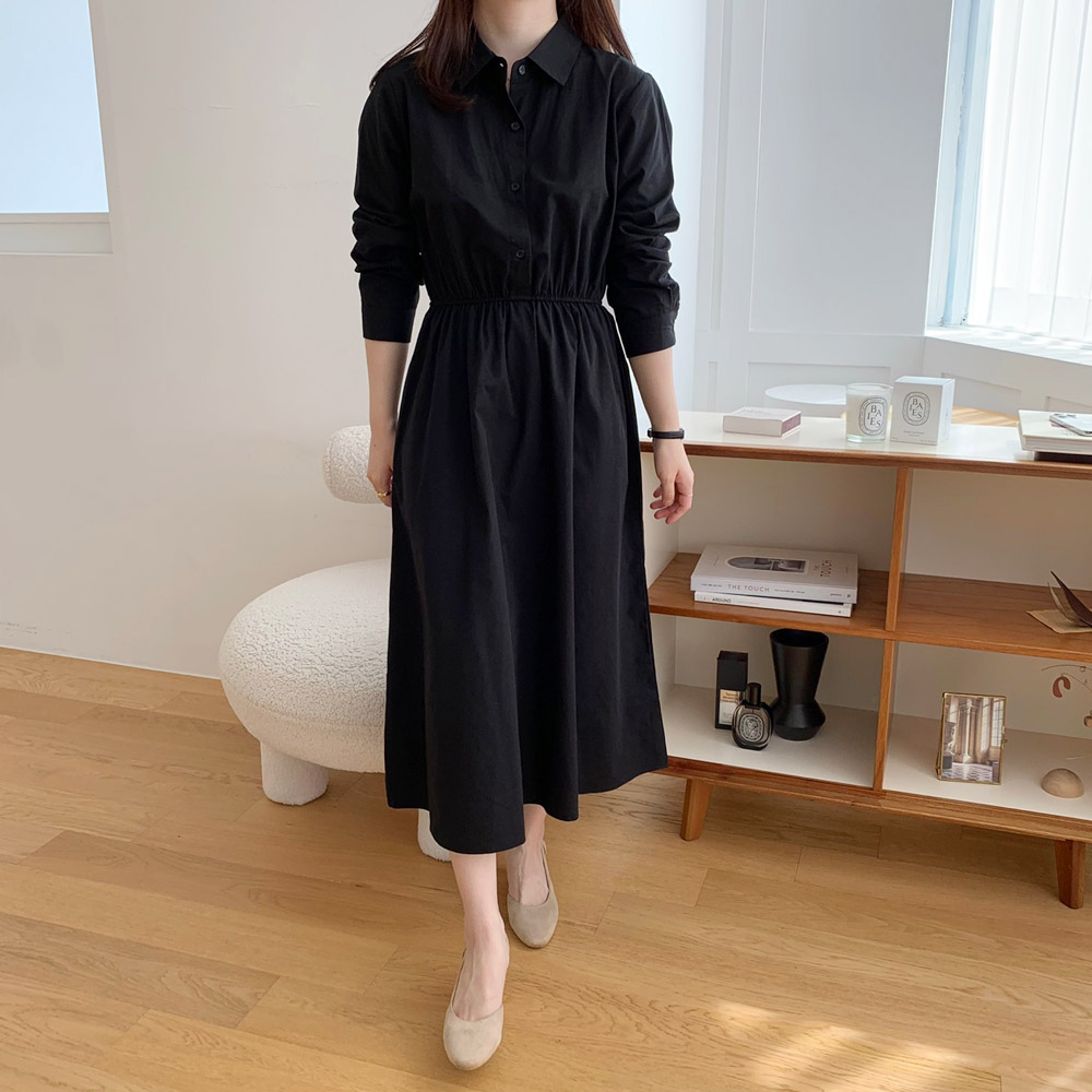허리 스트링 카라 롱 셔츠 원피스 하객룩 가을 원피스 봄 간절기 이너 블랙 베이지 - 상세 이미지 4