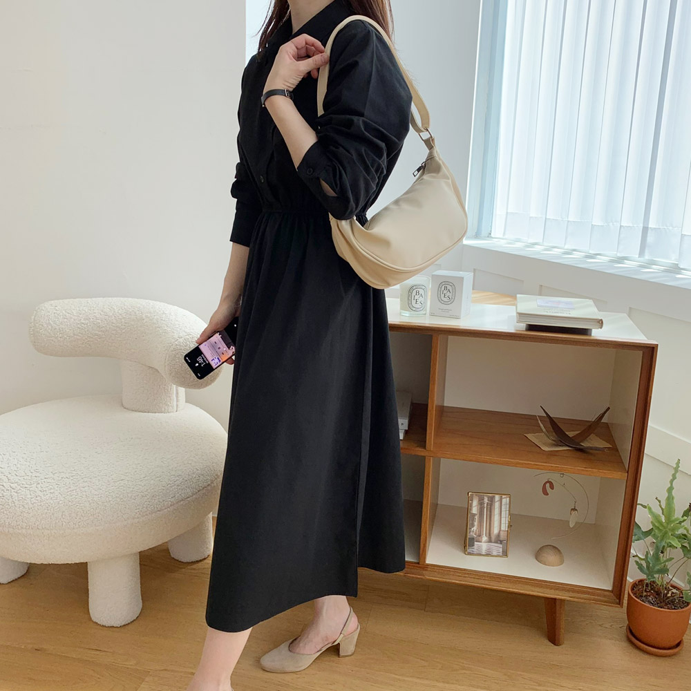 허리 스트링 카라 롱 셔츠 원피스 하객룩 가을 원피스 봄 간절기 이너 블랙 베이지 - 상세 이미지 2