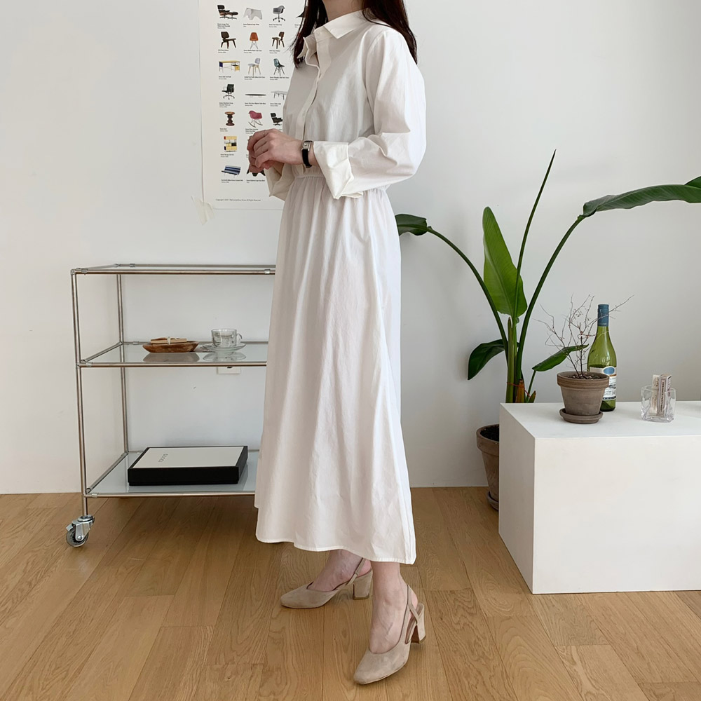 허리 스트링 카라 롱 셔츠 원피스 하객룩 가을 원피스 봄 간절기 이너 블랙 베이지 이미지 7