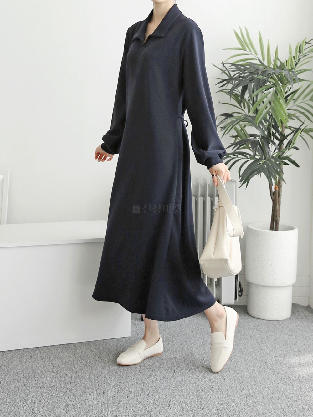 PK원피스 카라 루즈핏 뒷리본 A라인 데일리 긴팔 롱 원피스 이미지 2