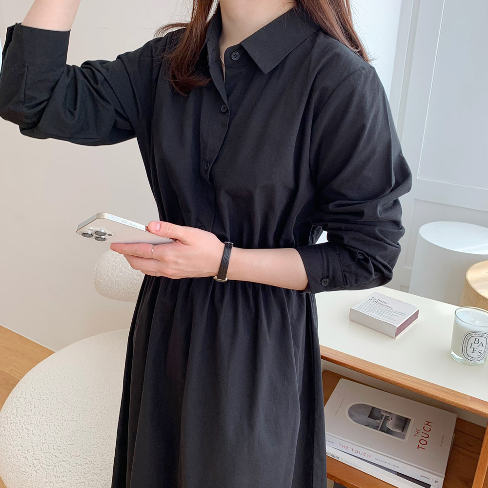 허리 스트링 카라 롱 셔츠 원피스 하객룩 가을 원피스 봄 간절기 이너 블랙 베이지 - 상세 이미지 3