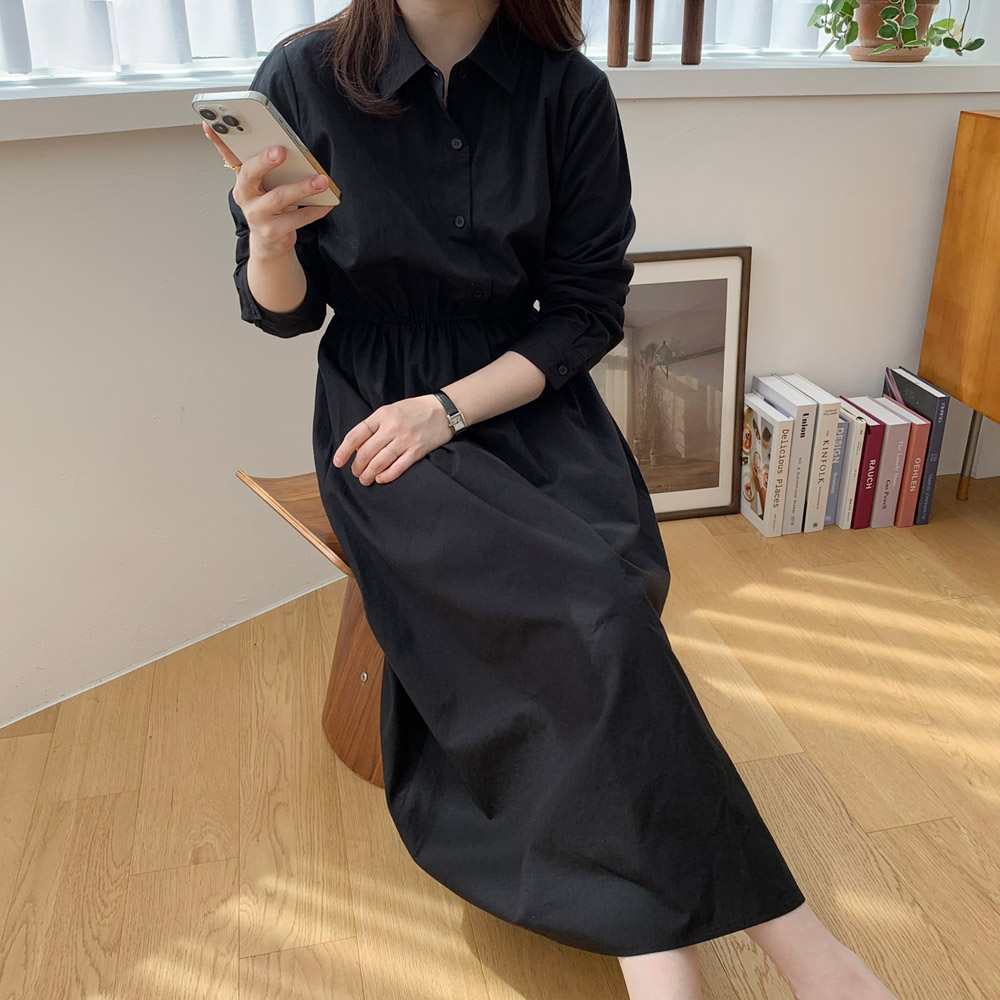 허리 스트링 카라 롱 셔츠 원피스 하객룩 가을 원피스 봄 간절기 이너 블랙 베이지 이미지 6