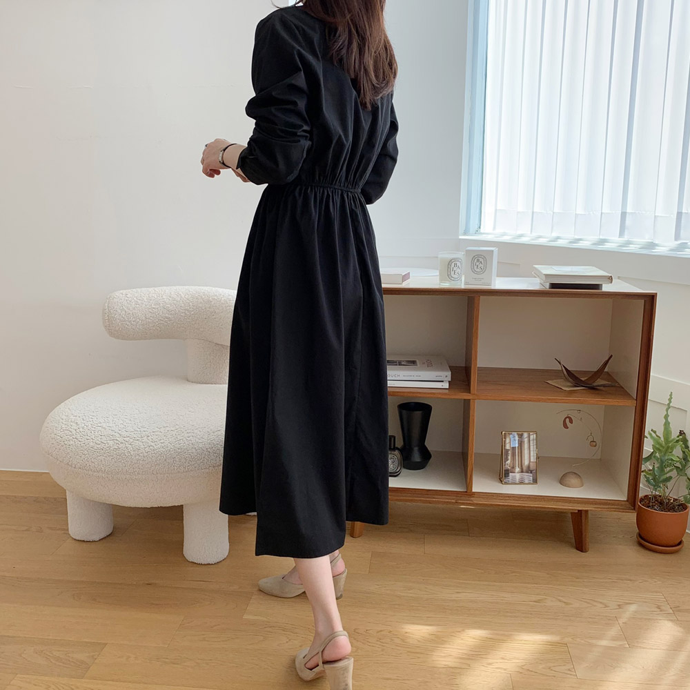 허리 스트링 카라 롱 셔츠 원피스 하객룩 가을 원피스 봄 간절기 이너 블랙 베이지 - 상세 이미지 5
