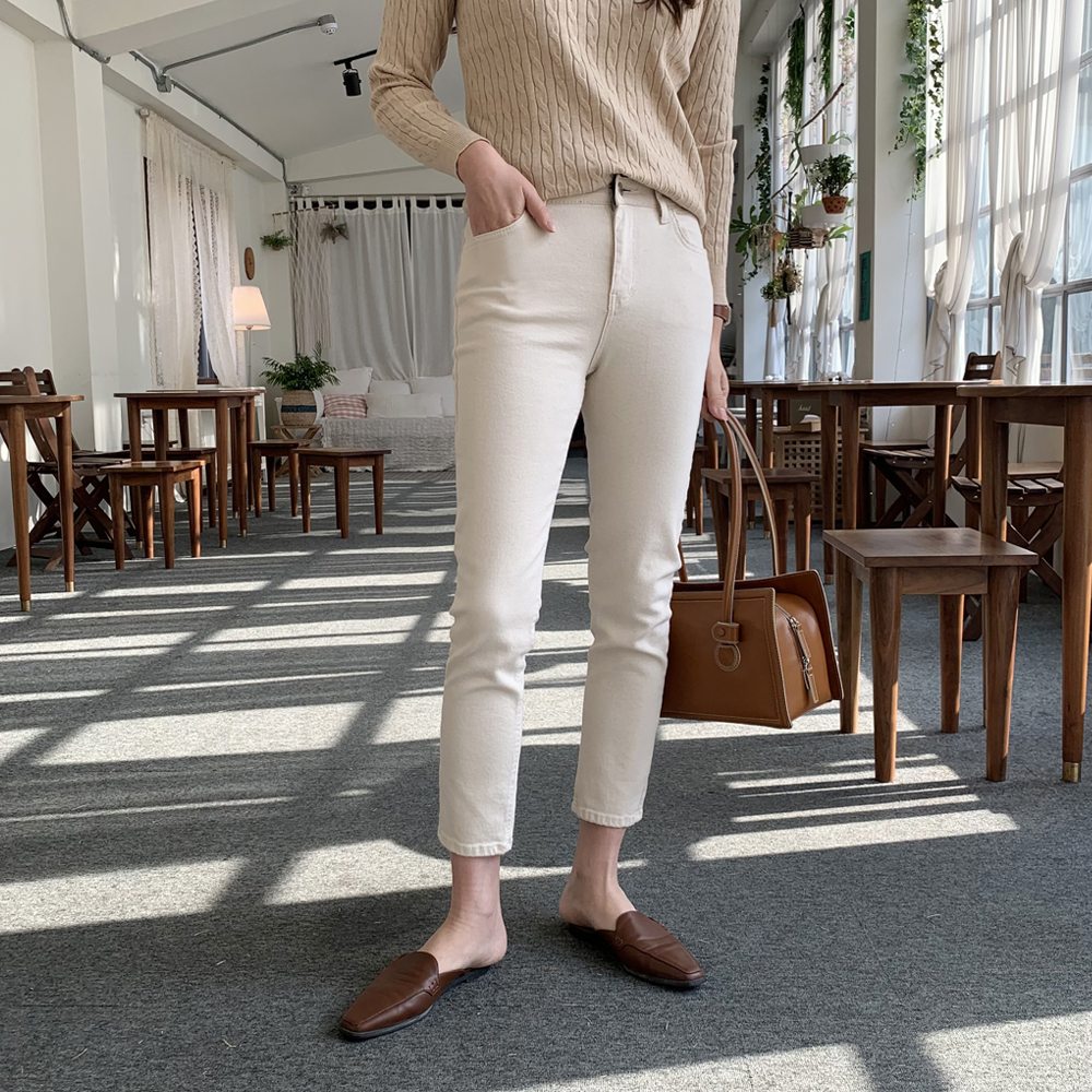 하이웨스트 슬림 일자 밴딩바지 여성 면팬츠 편한 고무줄팬츠 베이지 아이보리 - 상세 이미지 2