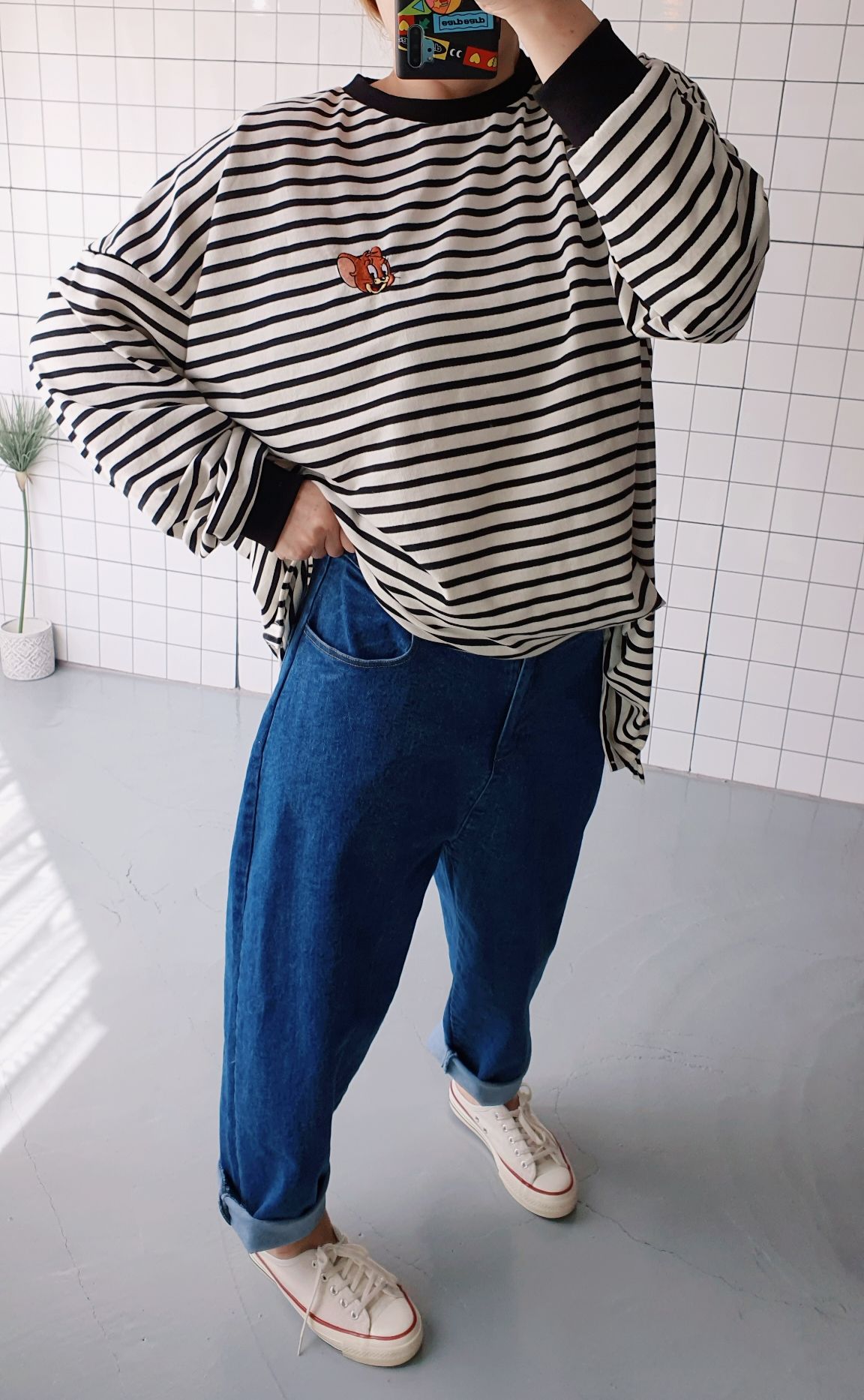 박시한 스트라이프 베어 롱 티셔츠 이미지 3