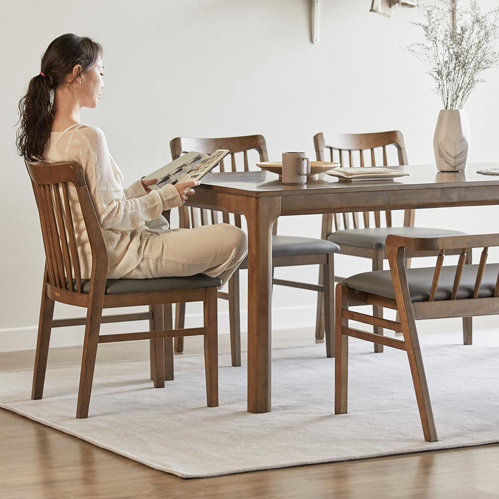 로렌 6인용 고무나무 원목 식탁세트 3인벤치1+의자3