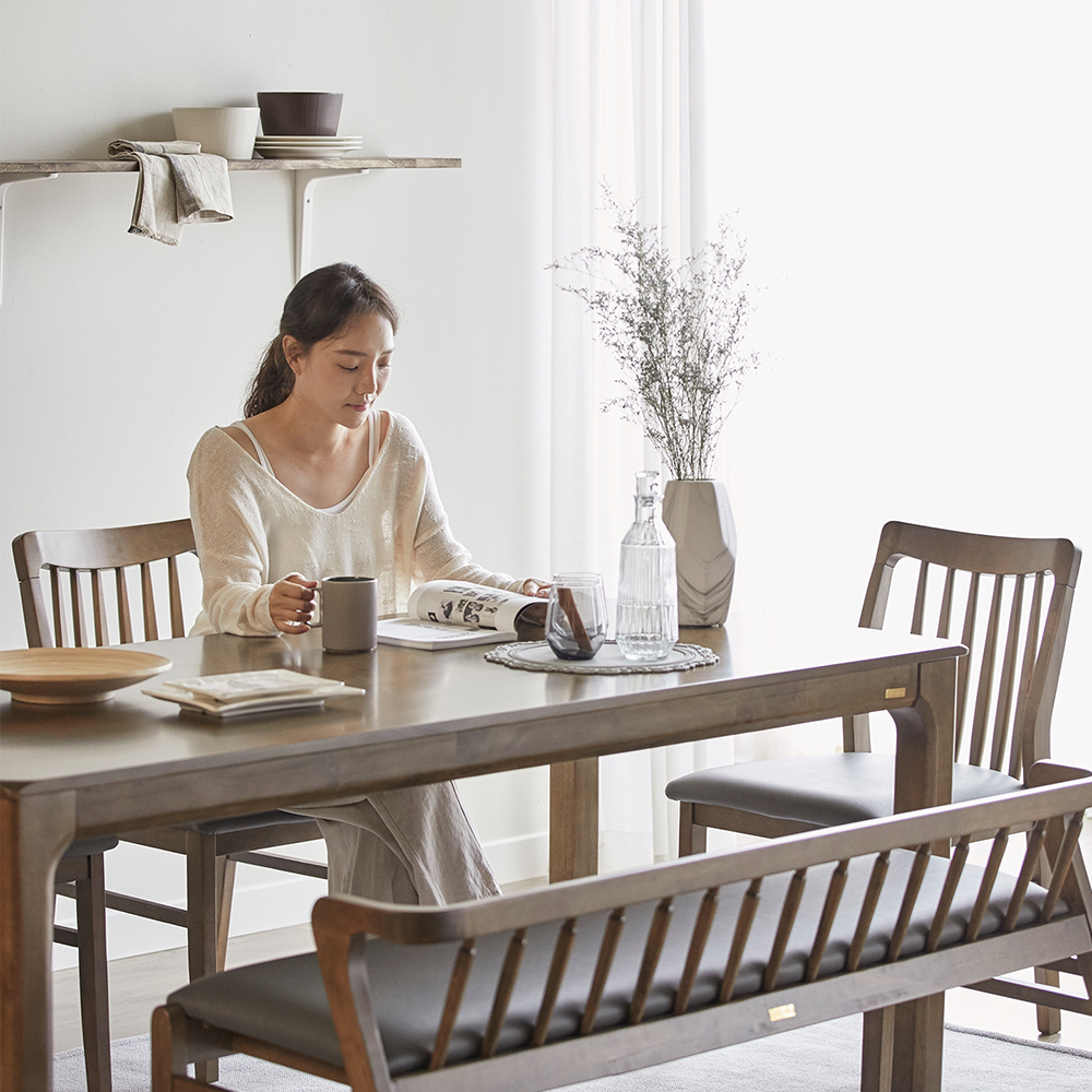 로렌 6인용 고무나무 원목 식탁세트 3인벤치1+의자3