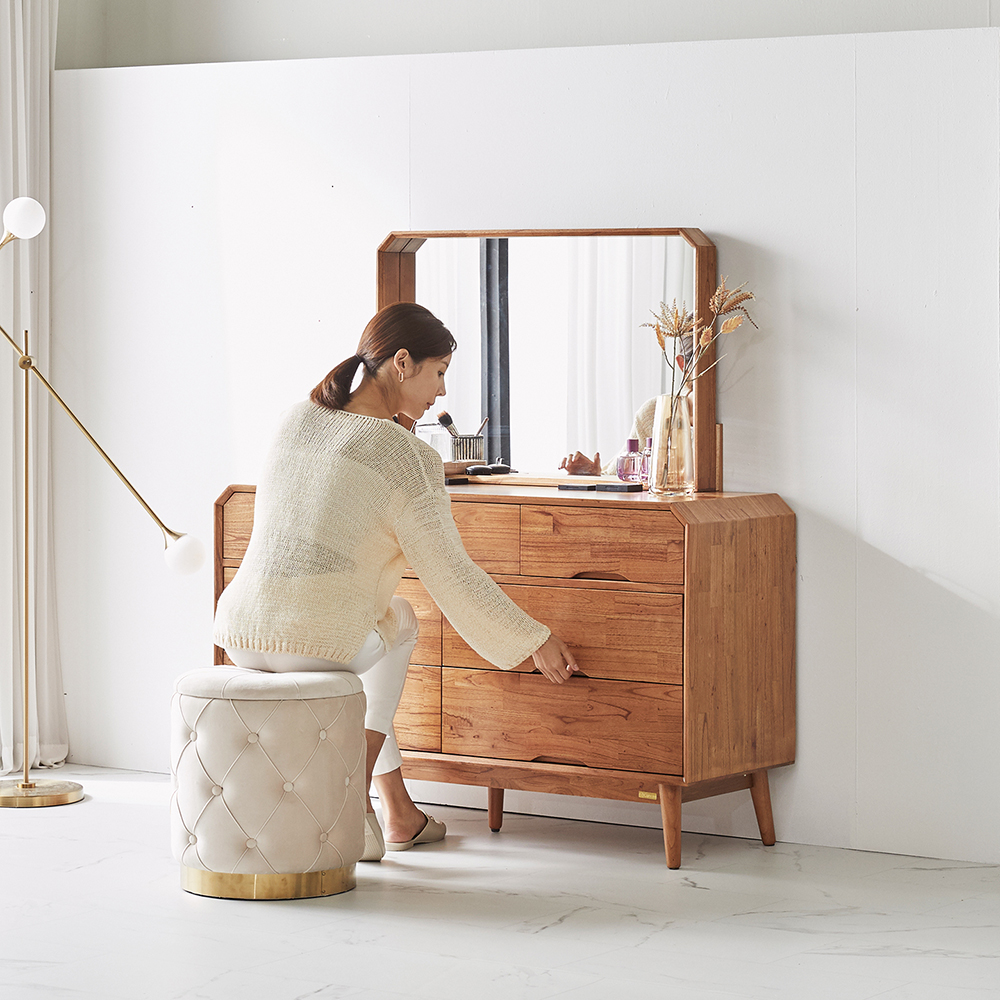 [무료배송] 참죽나무 원목 루버린 3단 와이드 화장대 서랍장 (거울 포함)