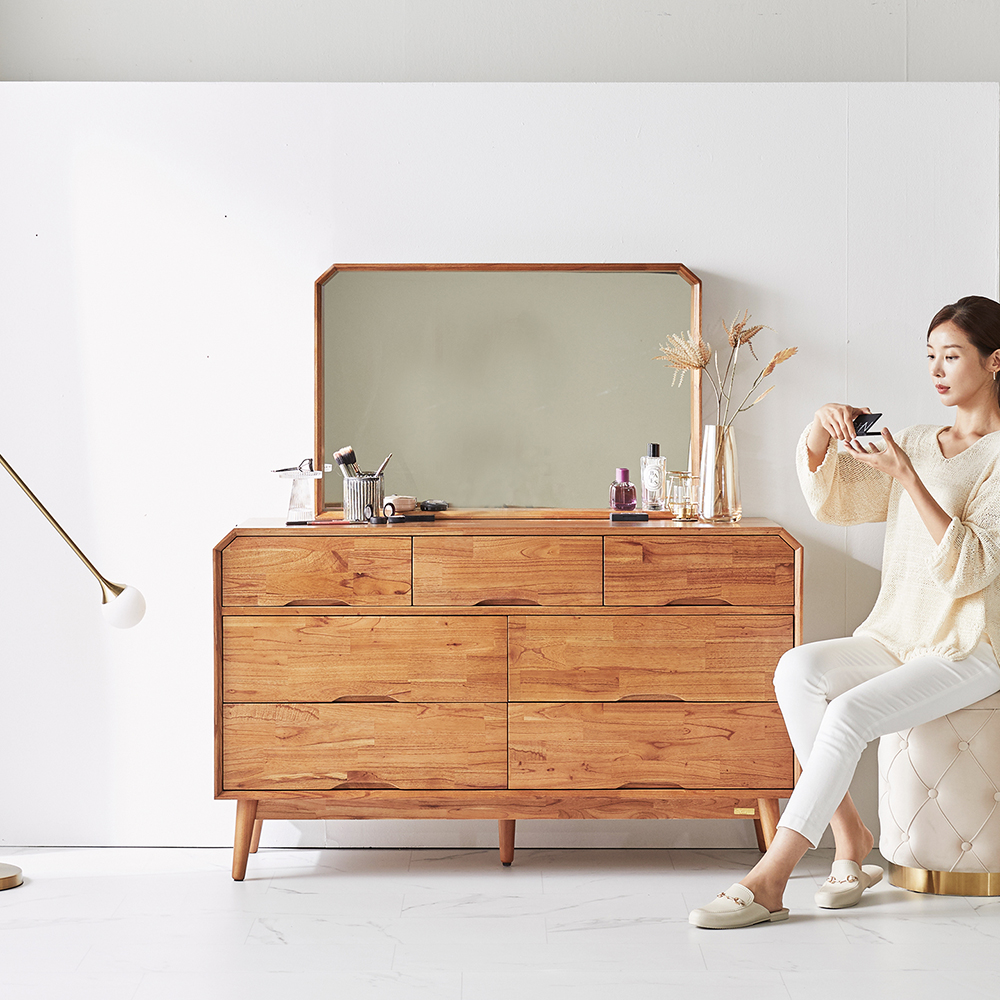 [무료배송] 참죽나무 원목 루버린 3단 와이드 화장대 서랍장 (거울 포함)