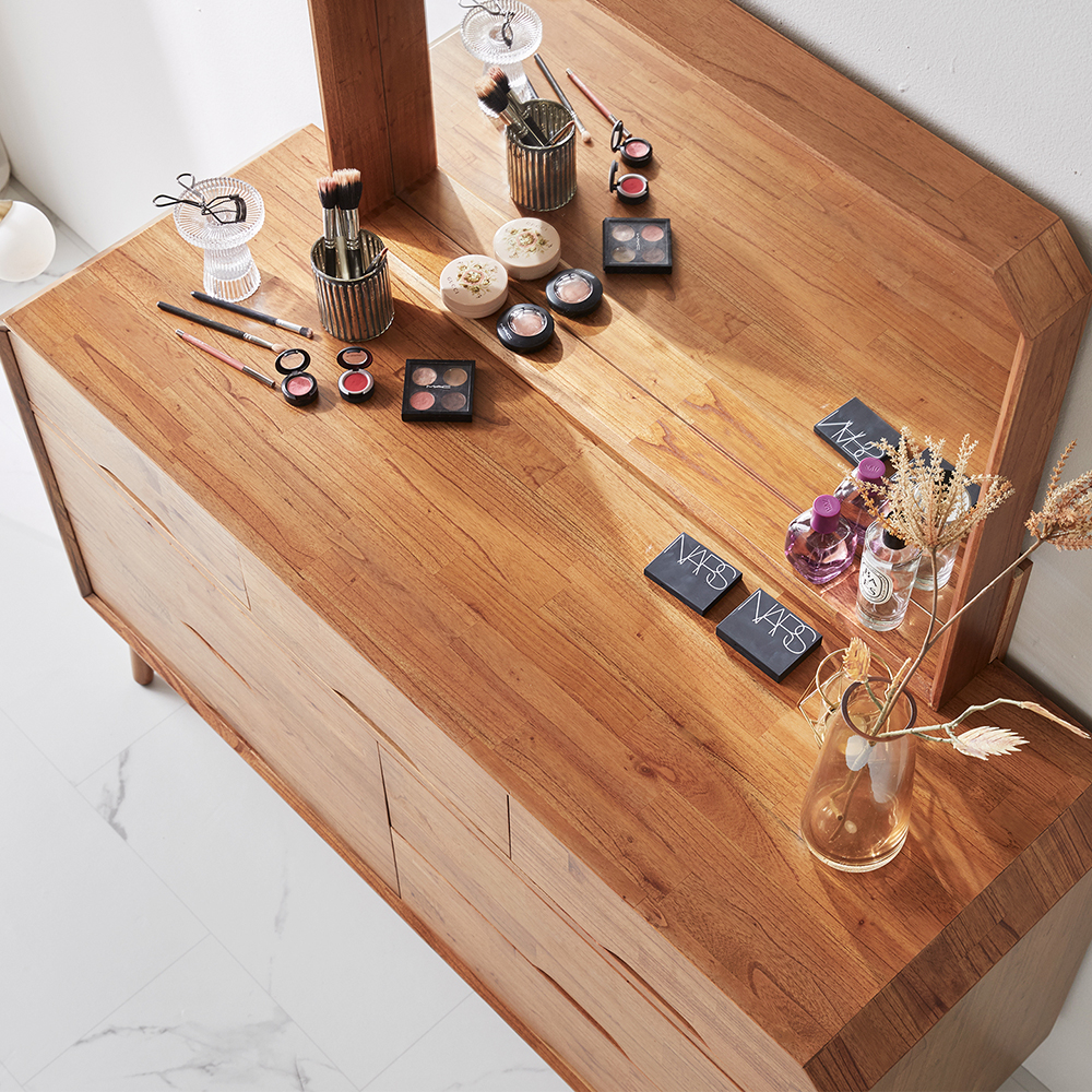 [무료배송] 참죽나무 원목 루버린 3단 와이드 화장대 서랍장 (거울 포함)