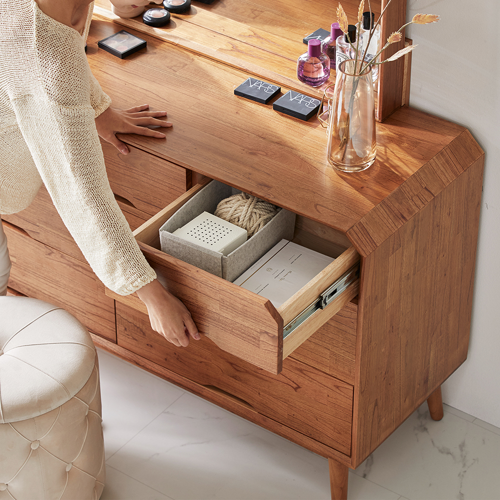 [무료배송] 참죽나무 원목 루버린 3단 와이드 화장대 서랍장 (거울 포함)