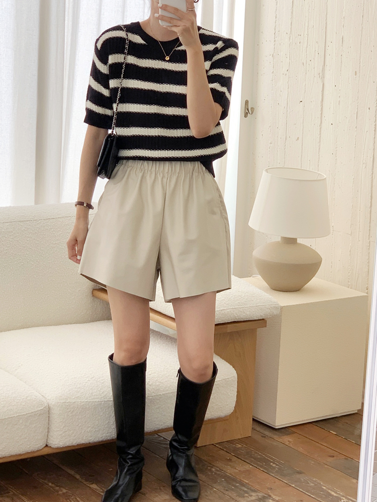 하이웨스트 레더 반바지 밴딩 여성 반바지 3부 4부 세미 여자와이드팬츠 숏팬츠 - 상세 이미지 4