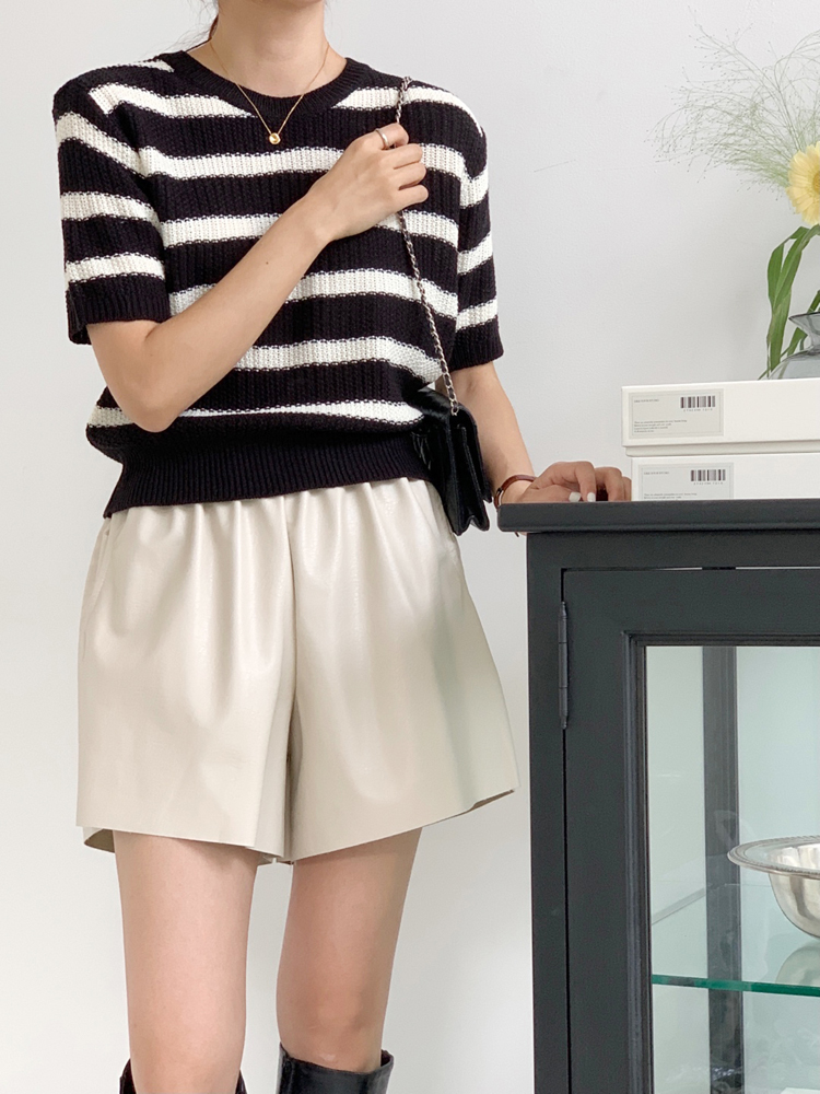 하이웨스트 레더 반바지 밴딩 여성 반바지 3부 4부 세미 여자와이드팬츠 숏팬츠 - 상세 이미지 2