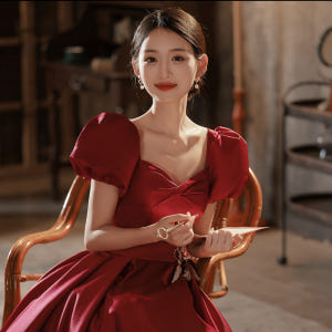 소매퍼프 셀프웨딩 2부 약혼 파티 피로연 스냅촬영 이브닝 롱 레드드레스 착용 후기 | 사이즈/핏 총정리 - 상품 이미지 1