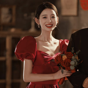 소매퍼프 셀프웨딩 2부 약혼 파티 피로연 스냅촬영 이브닝 롱 레드드레스 착용 후기 | 사이즈/핏 총정리 - 상품 이미지 2