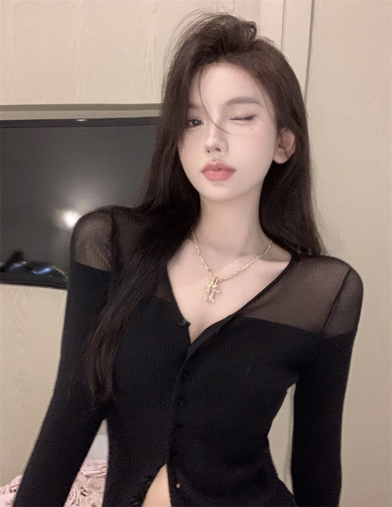 시스루배색 슬림 골지 가디건 이미지 3