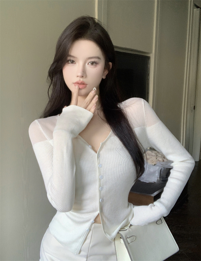 시스루배색 슬림 골지 가디건 이미지 2