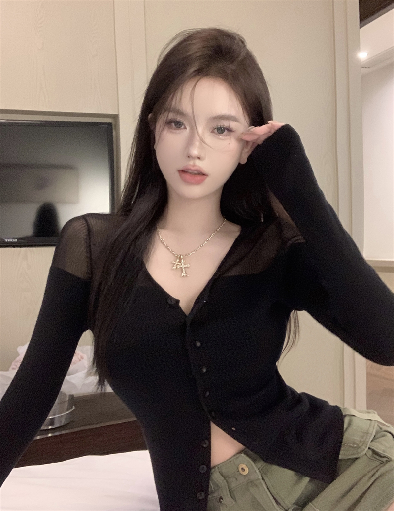 시스루배색 슬림 골지 가디건 이미지 4