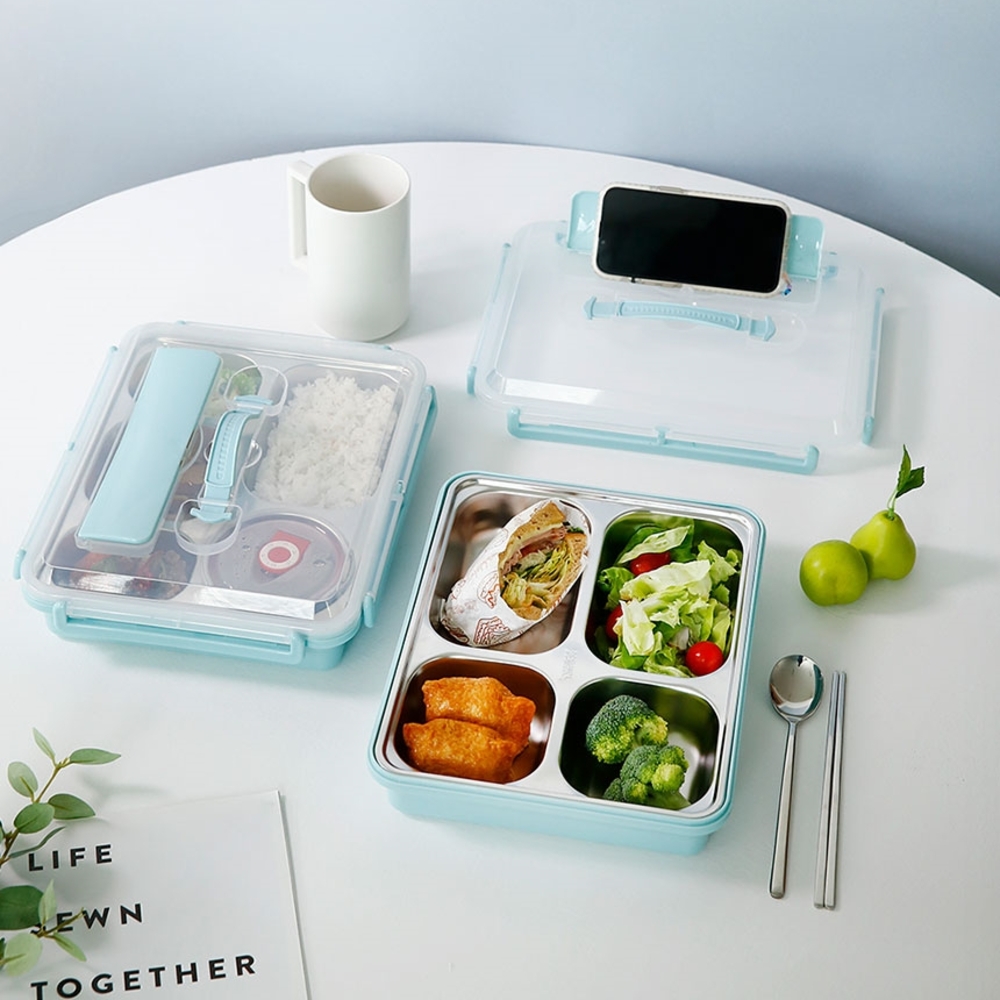뚜껑있는 4칸 런치박스 스텐 나눔 식판 어린이 다이어트식판 휴대용