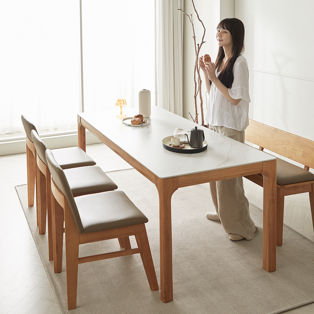 고무나무 원목 마티니 4인용 포세린 단면 세라믹 식탁세트 2인벤치1+의자2