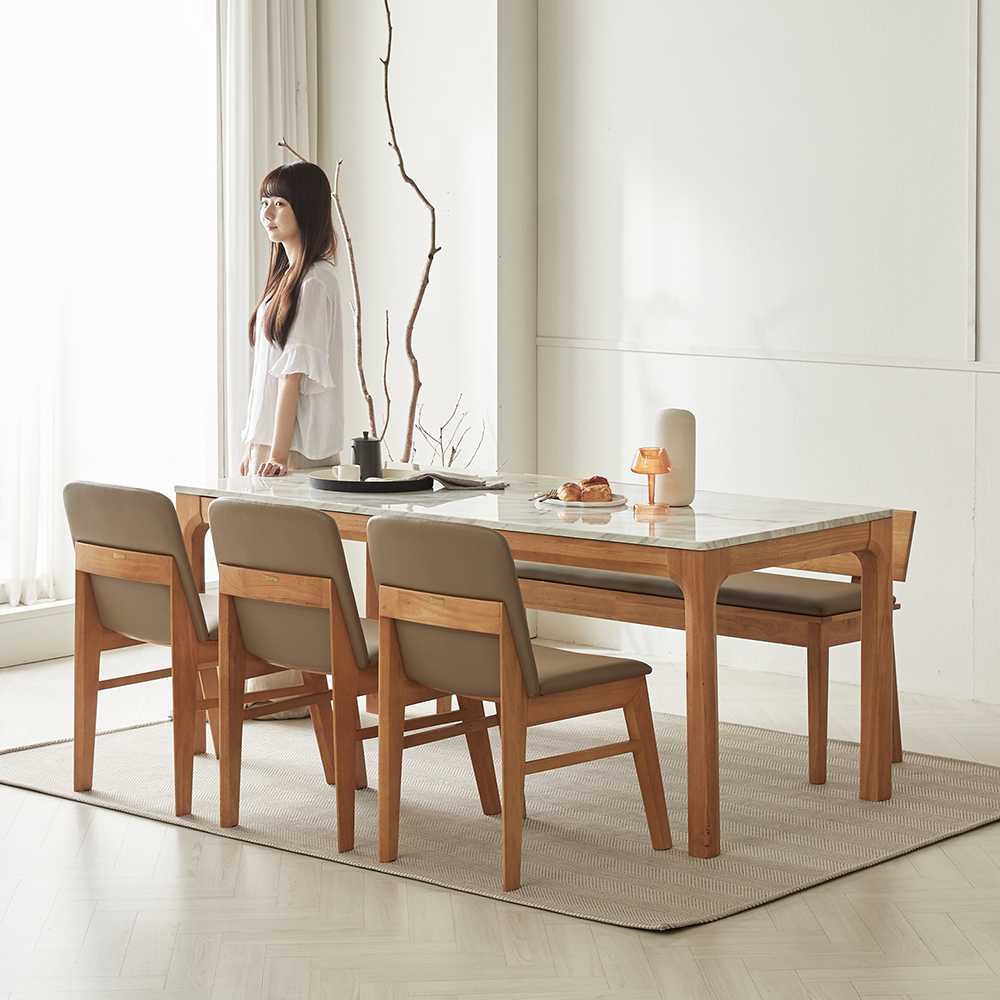 [무료배송] 고무나무 원목 마티니 대리석 6인용 식탁세트 3인벤치1+의자3