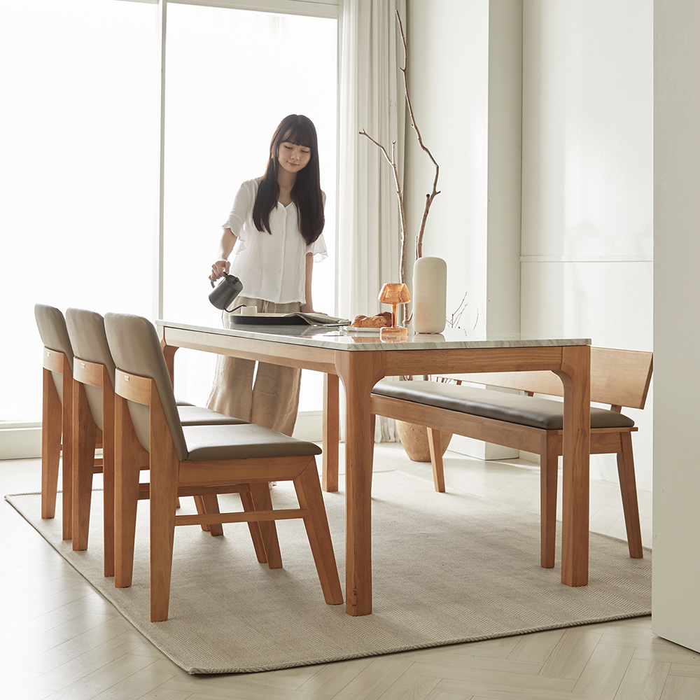 [무료배송] 고무나무 원목 마티니 대리석 6인용 식탁세트 3인벤치1+의자3