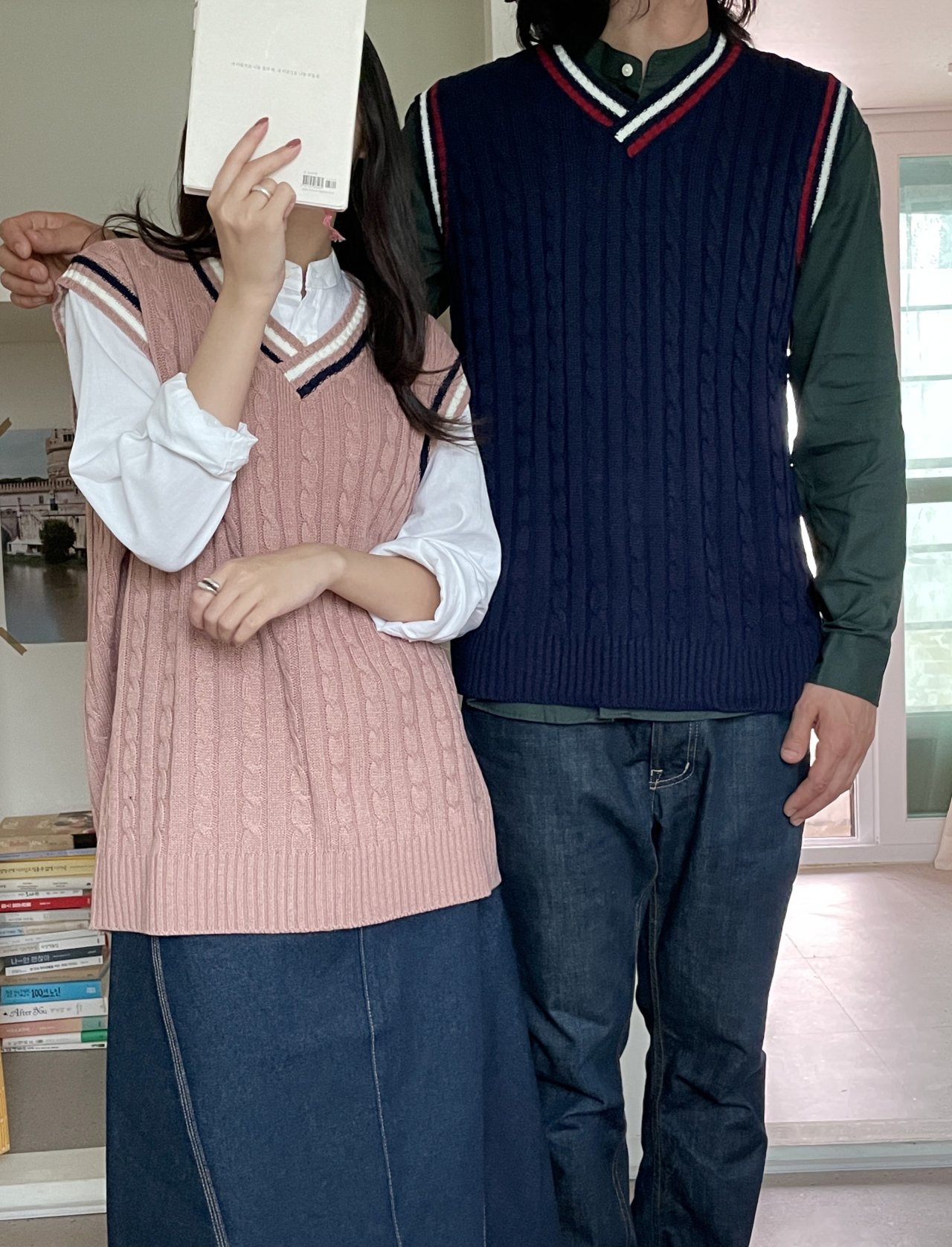 크롭 배색 꽈배기니트조끼 케이블니트베스트 커플 - 상세 이미지 2