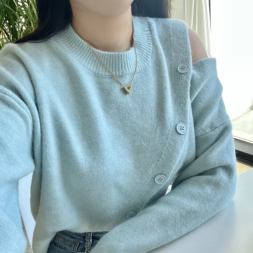 어깨 트임 단추 버튼 오버핏 루즈핏 오프숄더 라운드넥 니트 소라 스카이 블루 블랙 제품 이미지