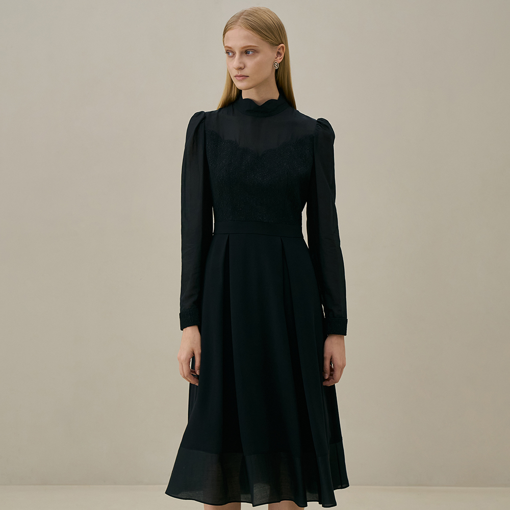 CROA semi-high neck flared dress_black 제품 이미지