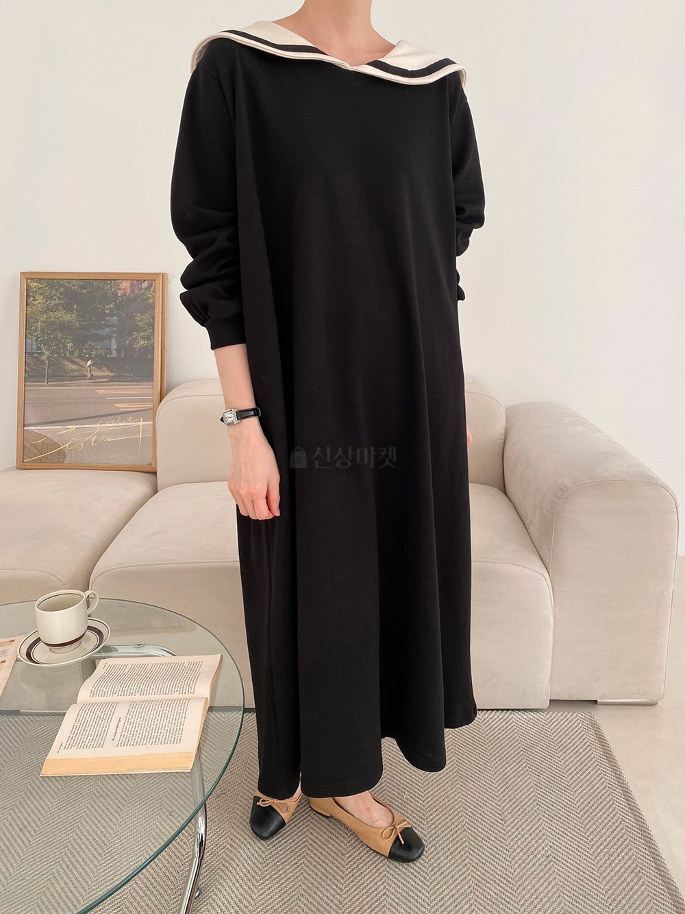맨투맨원피스 빅사이즈 봄 가을 여성 세라 카라 맥시 롱 원피스 이미지 3