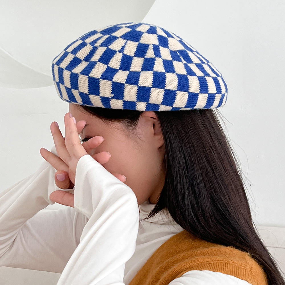 울 컬러 체커 니트 베레모 여자 빵모자 이미지 6