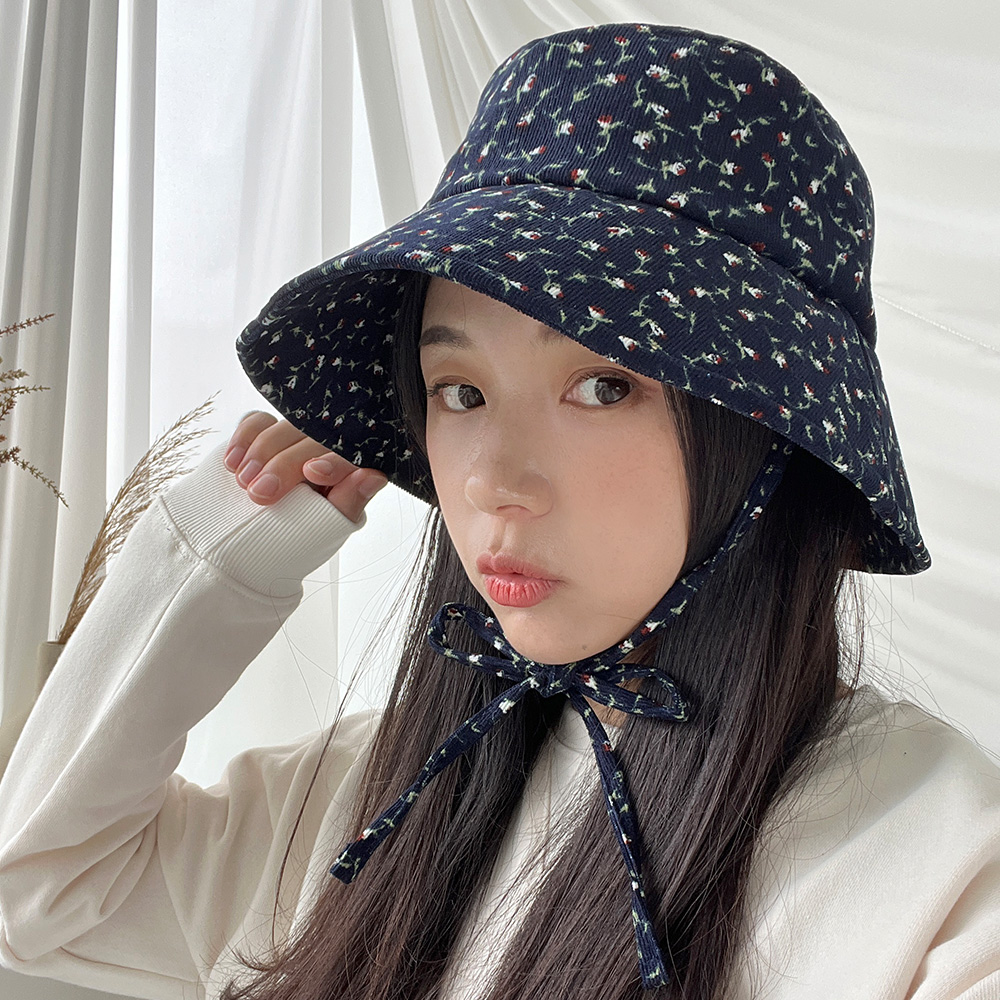 플라워 코듀로이 턱끈 벙거지 여성 가을 겨울 캠핑 나들이 버킷햇 이미지 7
