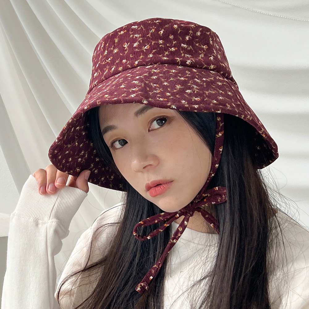 플라워 코듀로이 턱끈 벙거지 여성 가을 겨울 캠핑 나들이 버킷햇 - 상세 이미지 5