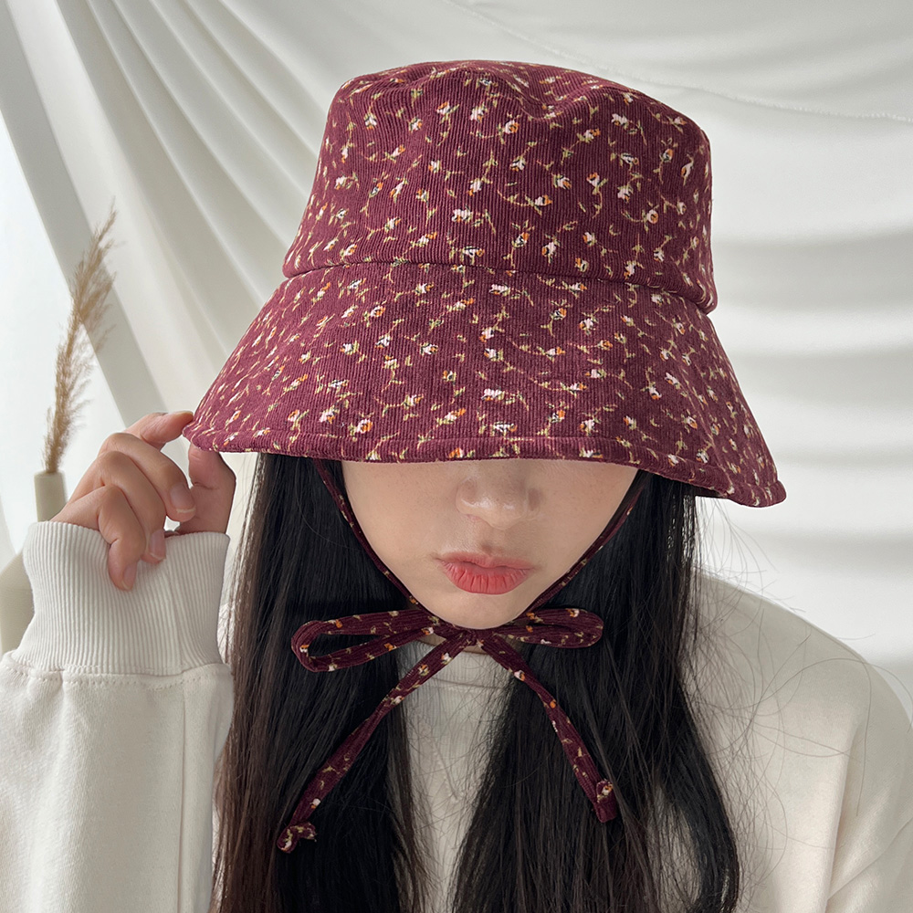 플라워 코듀로이 턱끈 벙거지 여성 가을 겨울 캠핑 나들이 버킷햇 이미지 6