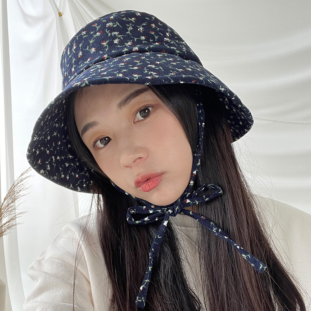 플라워 코듀로이 턱끈 벙거지 여성 가을 겨울 캠핑 나들이 버킷햇 이미지 8