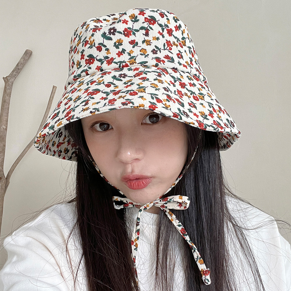 플라워 코듀로이 턱끈 벙거지 여성 가을 겨울 캠핑 나들이 버킷햇 - 상세 이미지 3