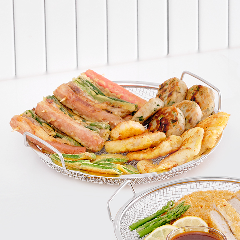 스텐 핸들형 채반 접시 / 메쉬트레이 튀김망 야채 소쿠리 24cm, 1개