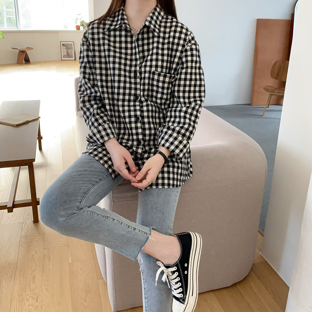 여성 셔츠 피치 기모 여자 체크 남방 가을 겨울 블라우스 간절기룩 오버핏 여성 남방 - 상세 이미지 4